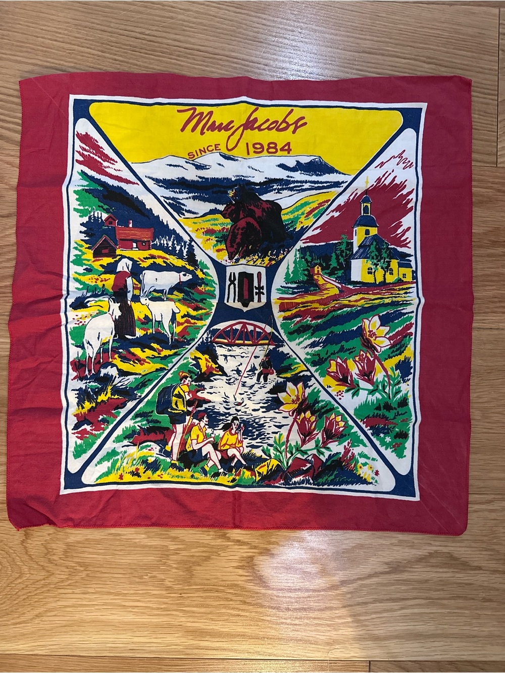 Marc Jacobs Red Scenic Bandana with Multicolor Illustration